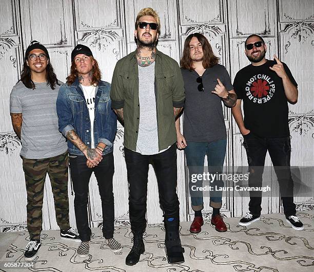 Phil Manansala, Alan Ashby, Austin Carlile, Aaron Pauley and Valentino "Tino" Arteaga of the band Of Mice and Men attend The BUILD Series to discuss...