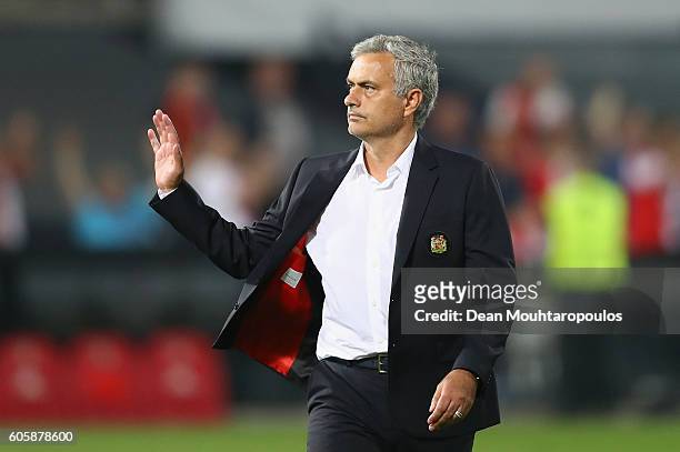Jose Mourinho, Manager of Manchester United looks dejected following his teams defeat in the UEFA Europa League Group A match between Feyenoord and...