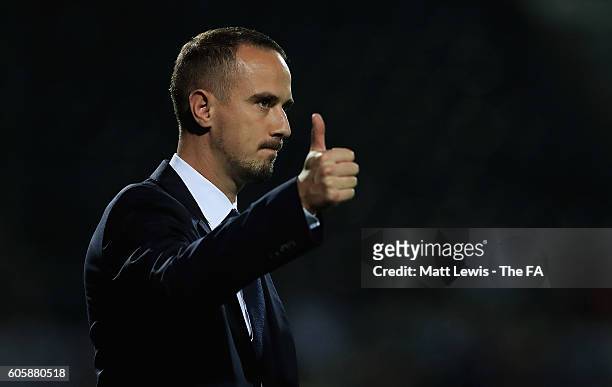 Mark Sampson, England manager looks on during the UEFA Women's Euro 2017 Qualifier between England Women and Estonia Women at Meadow Lane on...