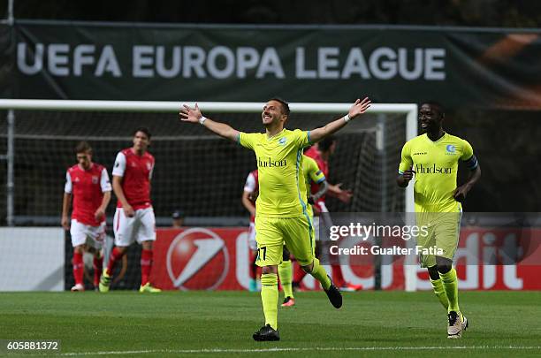 Gent's midfielder Danijel Milicevic from Bosnia celebrates after scoring a goal during the UEFA Europa League match between SC Braga and KAA Gent at...