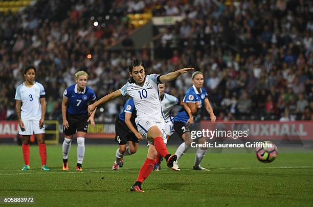 Karen Carney of England fires home a penalty during the UEFA Women's Euro 2017 Qualifier between England and Estonia at Meadow Lane on September 15,...