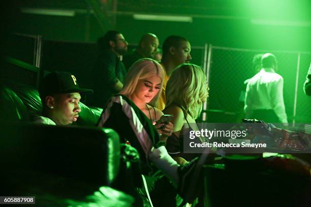 Tyga and Kylie Jenner in the VIP area at the Alexander Wang S/S 2017 party at Pier 94 in New York, NY on September 10, 2016.