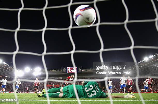 Charlie Austin of Southampton scores his sides first goal from the penalty spot during the UEFA Europa League Group K match between Southampton FC...