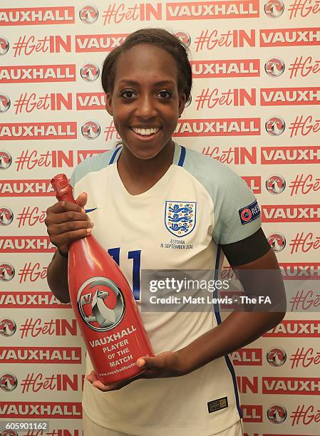 Danielle Carter of England pictured with 'Player of the Match' award, after scoring a hat trick during the UEFA Women's Euro 2017 Qualifier between...