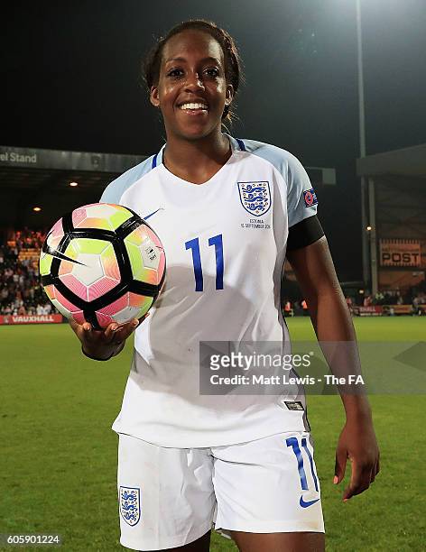 Danielle Carter of England pictured with the match ball, after scoring a hat trick during the UEFA Women's Euro 2017 Qualifier between England Women...