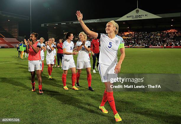 Steph Houghton of England thanks the supporters with her tem after the UEFA Women's Euro 2017 Qualifier between England Women and Estonia Women at...