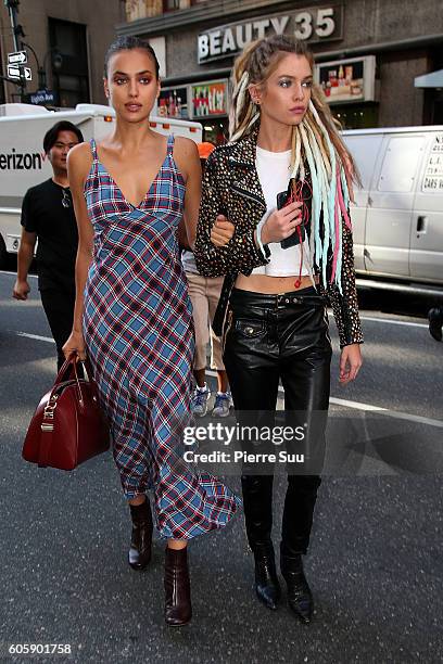 Irina Shayk and Stella Maxwell leave the Marc Jacobs Spring 2017 fashion show front row during New York Fashion Week at the Hammerstein Ballroom on...