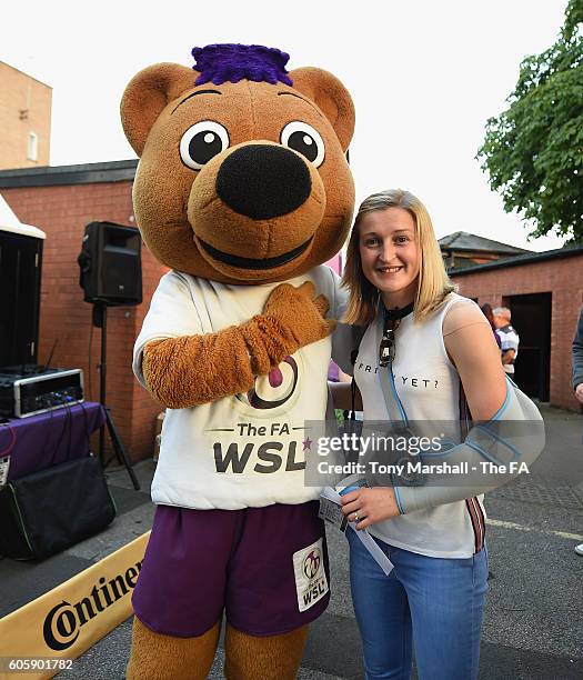 Ellen White Telford of Notts County Ladies poses with Berry the Bear at the Fanzone during the UEFA Women's Euro 2017 Qualifier match between England...