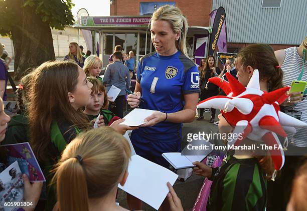 Carly Telford of Notts County Ladies signing autographs at the Fanzone during the UEFA Women's Euro 2017 Qualifier match between England Women and...