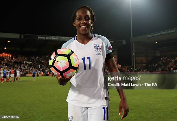 Danielle Carter of England pictured with the match ball, after scoring a hat trick during the UEFA Women's Euro 2017 Qualifier between England Women...