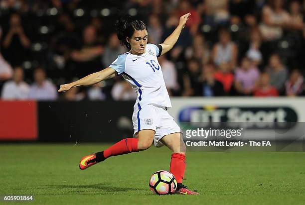 Karen Carney of England scores from the penalty spot during the UEFA Women's Euro 2017 Qualifier between England Women and Estonia Women at Meadow...