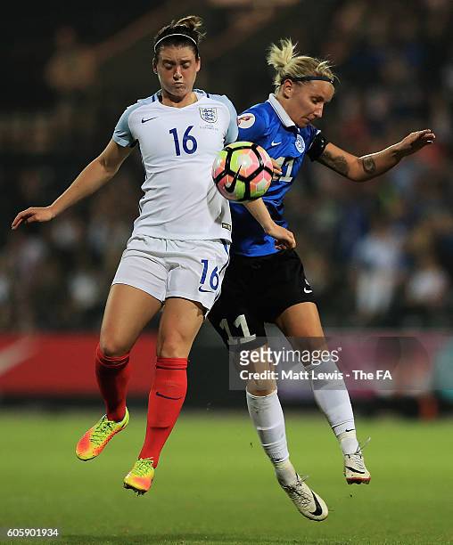 Jade Moore of England and Merily Toom of Estonia challenge for the ball during the UEFA Women's Euro 2017 Qualifier between England Women and Estonia...