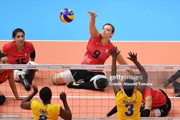 Danielle Ellis of Canada spikes the ball in sitting volleyball women's 7-8 classification match 13 on day 8 of the Rio 2016 Paralympic Games at the...