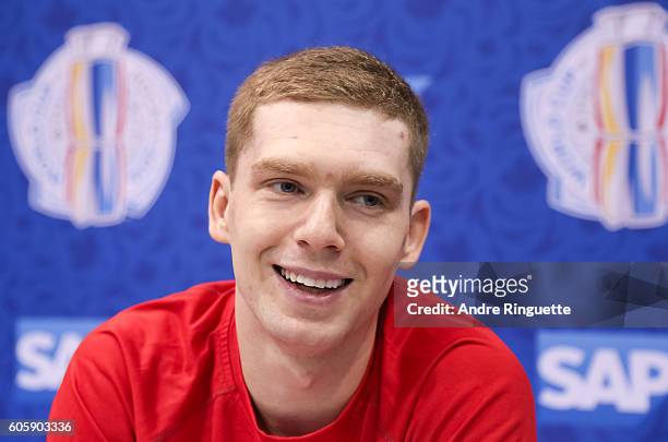 Evgeny Kuznetsov of Team Russia takes questions during media day at the World Cup of Hockey 2016 at Air Canada Centre on September 15, 2016 in...