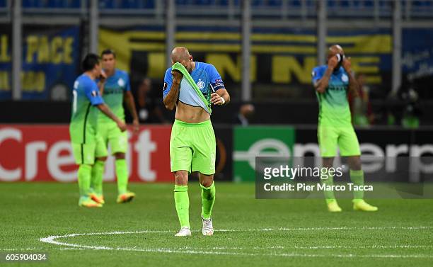 Players of FC Internazionale disappointedduring the UEFA Europa League match between FC Internazionale Milano and Hapoel Beer-Sheva FC at Stadio...