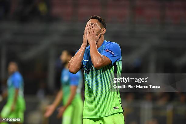 Danilo D'Ambrosio of FC Internazionale disappointed during the UEFA Europa League match between FC Internazionale Milano and Hapoel Beer-Sheva FC at...