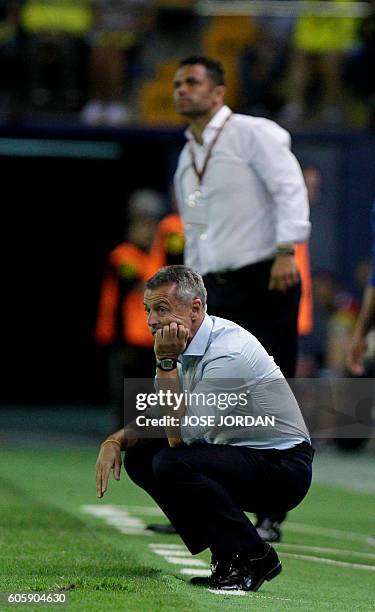 Villarreal's coach Fran Escriba looks on during the UEFA Europa League Group L football match Villarreal CF vs FC Zurich at El Madrigal stadium in...