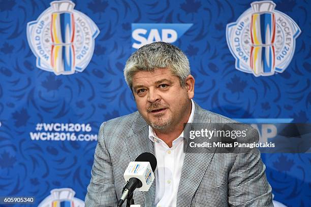 Head coach of Team North America Todd McLellan answers questions during Media day at the World Cup of Hockey 2016 at Air Canada Centre on September...