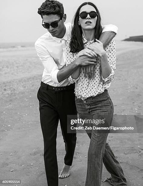 Actress Anna Brewster and model Arthur Gosse are photographed for Madame Figaro on June 24, 2016 in Deauville, France. Arthur: Shirt and pants ,...