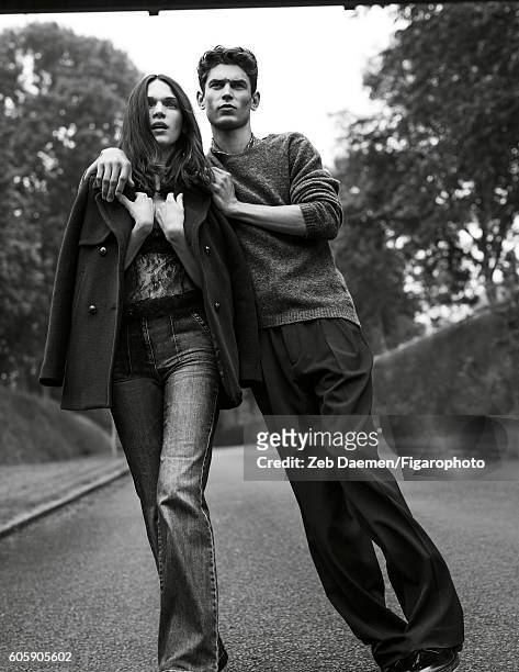 Actress Anna Brewster and model Arthur Gosse are photographed for Madame Figaro on June 24, 2016 in Deauville, France. Anna: Coat , top , jeans ....