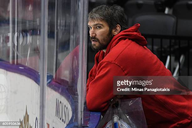 Alex Ovechkin of Team Russia keeps an eye on Team Sweden at practice during the World Cup of Hockey 2016 at Air Canada Centre on September 15, 2016...