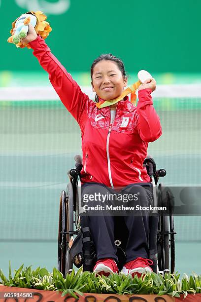 Yui Kamiji of Japan is presented the bronze medal in the women's singles at the Olympic Tennis Center during day 8 of the Rio 2016 Paralympic Games...