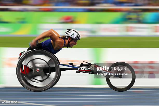 Tatyana McFadden of United States competes in the Women's 4x400m T53/54 final during day 8 of the Rio 2016 Paralympic Games at the Olympic Stadium on...