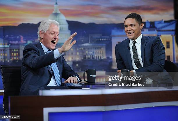 42nd President of the United States Bill Clinton and Trevor Noah attend The Daily Show with Trevor Noah on September 15, 2016 in New York City.