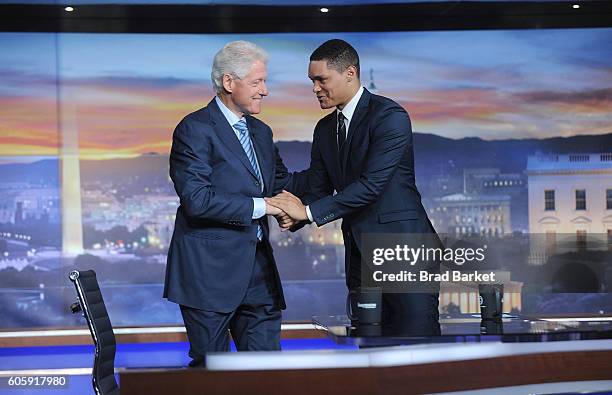 42nd President of the United States Bill Clinton and Trevor Noah attend The Daily Show with Trevor Noah on September 15, 2016 in New York City.