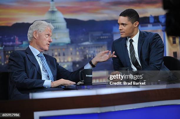 42nd President of the United States Bill Clinton and Trevor Noah attend The Daily Show with Trevor Noah on September 15, 2016 in New York City.