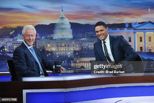 42nd President of the United States Bill Clinton and Trevor Noah attend The Daily Show with Trevor Noah on September 15, 2016 in New York City.