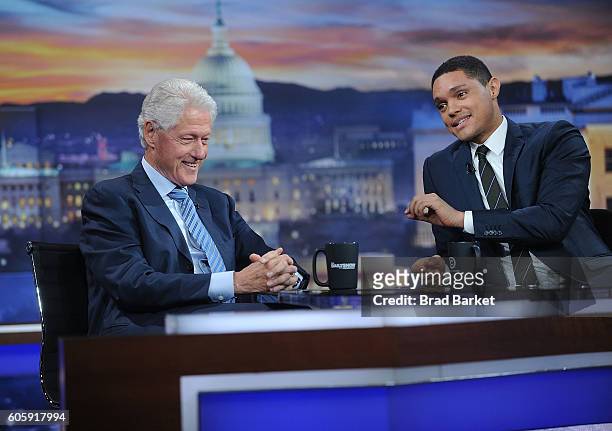 42nd President of the United States Bill Clinton and Trevor Noah attend The Daily Show with Trevor Noah on September 15, 2016 in New York City.