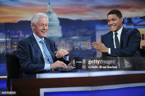 42nd President of the United States Bill Clinton and Trevor Noah attend The Daily Show with Trevor Noah on September 15, 2016 in New York City.