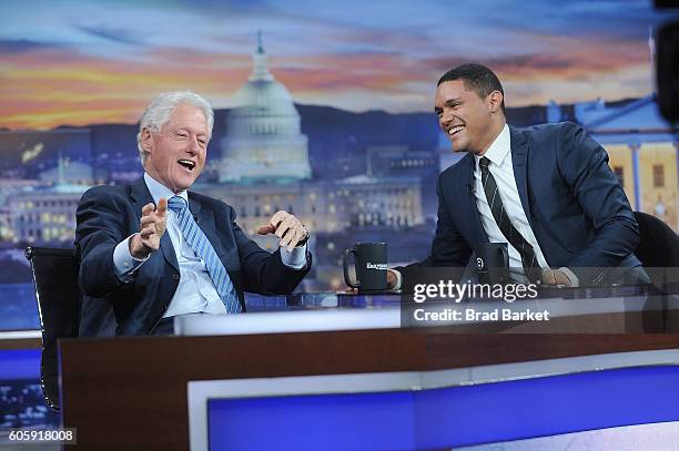 42nd President of the United States Bill Clinton and Trevor Noah attend The Daily Show with Trevor Noah on September 15, 2016 in New York City.