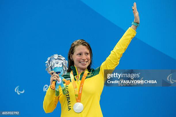 Australia's Monique Murphy reacts after receiving a silver medal during a medal ceremony for women's 400 m freestyle of the Rio 2016 Paralympic Games...