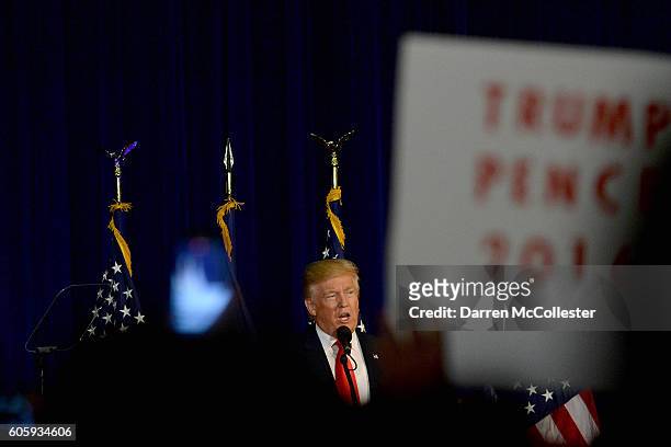 Republican Presidential nominee Donald Trump speaks at Laconia Middle School September 15, 2016 in Laconia, New Hampshire. Trump is in a tight race...