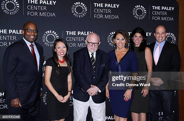 Errol Louis, Amanda Terkel, Ed Rollins, Maria Elena Salinas, Maureen J. Reidy and Brian Stelter pose before The Paley Center For Media Presents "As...