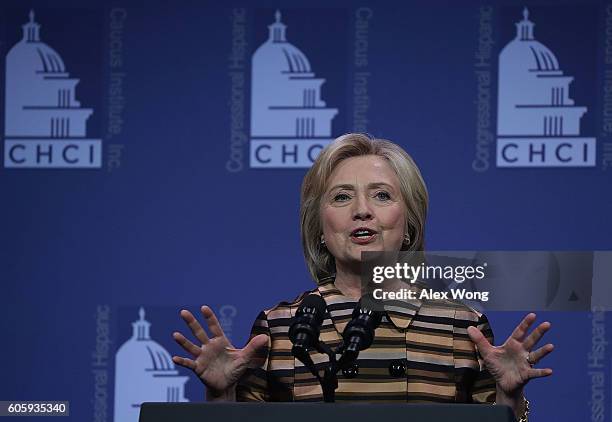Democratic presidential nominee Hillary Clinton speaks during the 39th annual awards gala of the Congressional Hispanic Caucus Institute September...