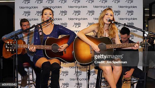 Singer/songwriters Taylor Dye and Madison Marlow from Maddie & Tae attend the Aqua X Maddie & Tae Capsule Collection celebration at Bloomingdale's on...