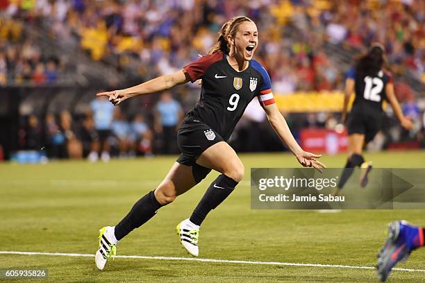 Heather O'Reilly of the U.S. Women's National Team celebrates after scoring a goal in the first half against Thailand on September 15, 2016 at MAPFRE...