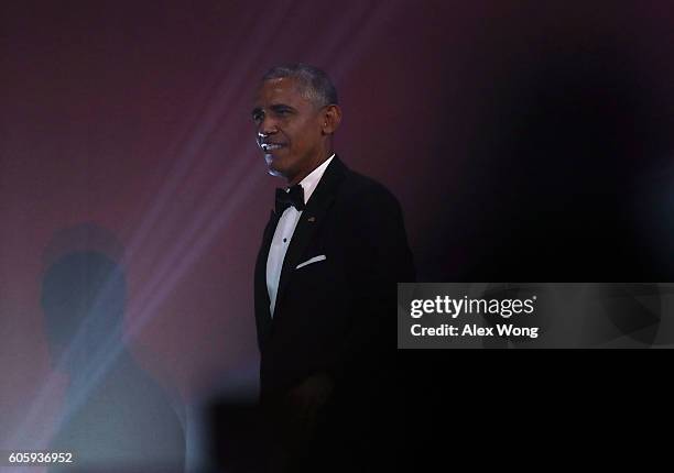 President Barack Obama walks on stage prior to his speech during the 39th annual awards gala of the Congressional Hispanic Caucus Institute September...