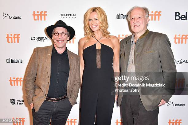 Actor Lawrence Krauss, actress Veronica Ferres and director Werner Herzog attend the 'Salt and Fire' premiere during the 2016 Toronto International...