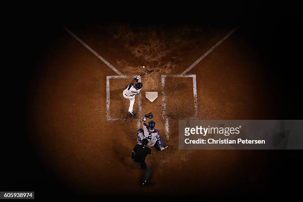 Jean Segura of the Arizona Diamondbacks bats against the Los Angeles Dodgers during the fourth inning of the MLB game at Chase Field on September 15,...