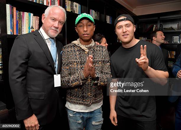 Composer John Debney, Singer-songwriter Pharrell Williams and Singer Mike Posner attend Songs Of Hope at a private residence on September 15, 2016 in...