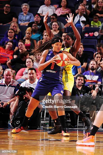 Mistie Bass of the Phoenix Mercury handles the ball Seattle Storm on September 15, 2016 at Talking Stick Resort Arena in Phoenix, Arizona. NOTE TO...