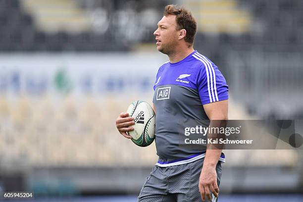 Wyatt Crockett of the All Blacks looks on during the New Zealand All Blacks captain's run at AMI Stadium on September 16, 2016 in Christchurch, New...