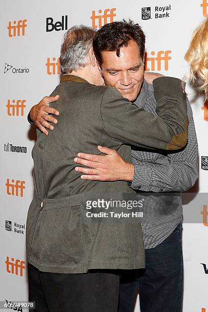Director Werner Herzog hugs Michael Shannon at the premiere of "Salt and Fire" during the 2016 Toronto International Film Festival at Winter Garden...