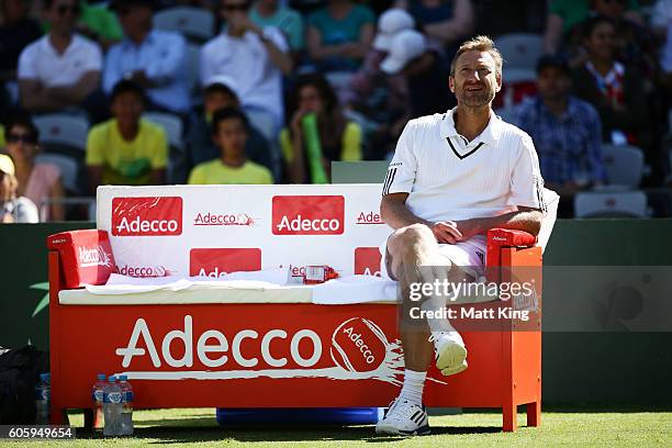 Captain of Slovakia Miloslav Mecir looks on during the Davis Cup World Group playoff between Australia and Slovakia at Sydney Olympic Park Tennis...