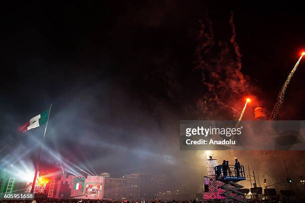 Fireworks are seen during the traditional "El Grito" or "The Shout" at the balcony of the National Palace, marking the start of the Independence Day...