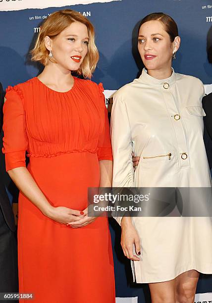 Lea Seydoux and Marion Cotillard attend "Juste La Fin Du Monde" Paris Premiere At MK2 Bibliotheque on September 15, 2016 in Paris, France.